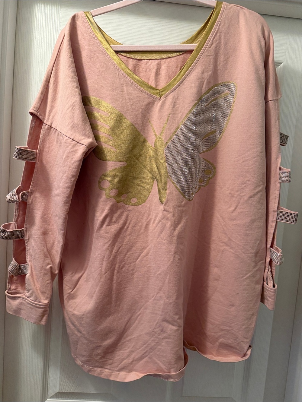 Girls Pink Butterfly Long Sleeve Top with Gold Accent